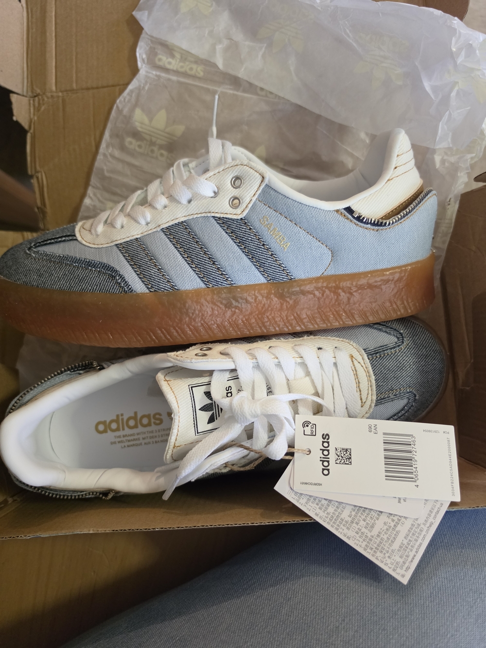 Adidas Women’s Denim Samba-Style Sneakers in Blue and White - Picture 6 of 10